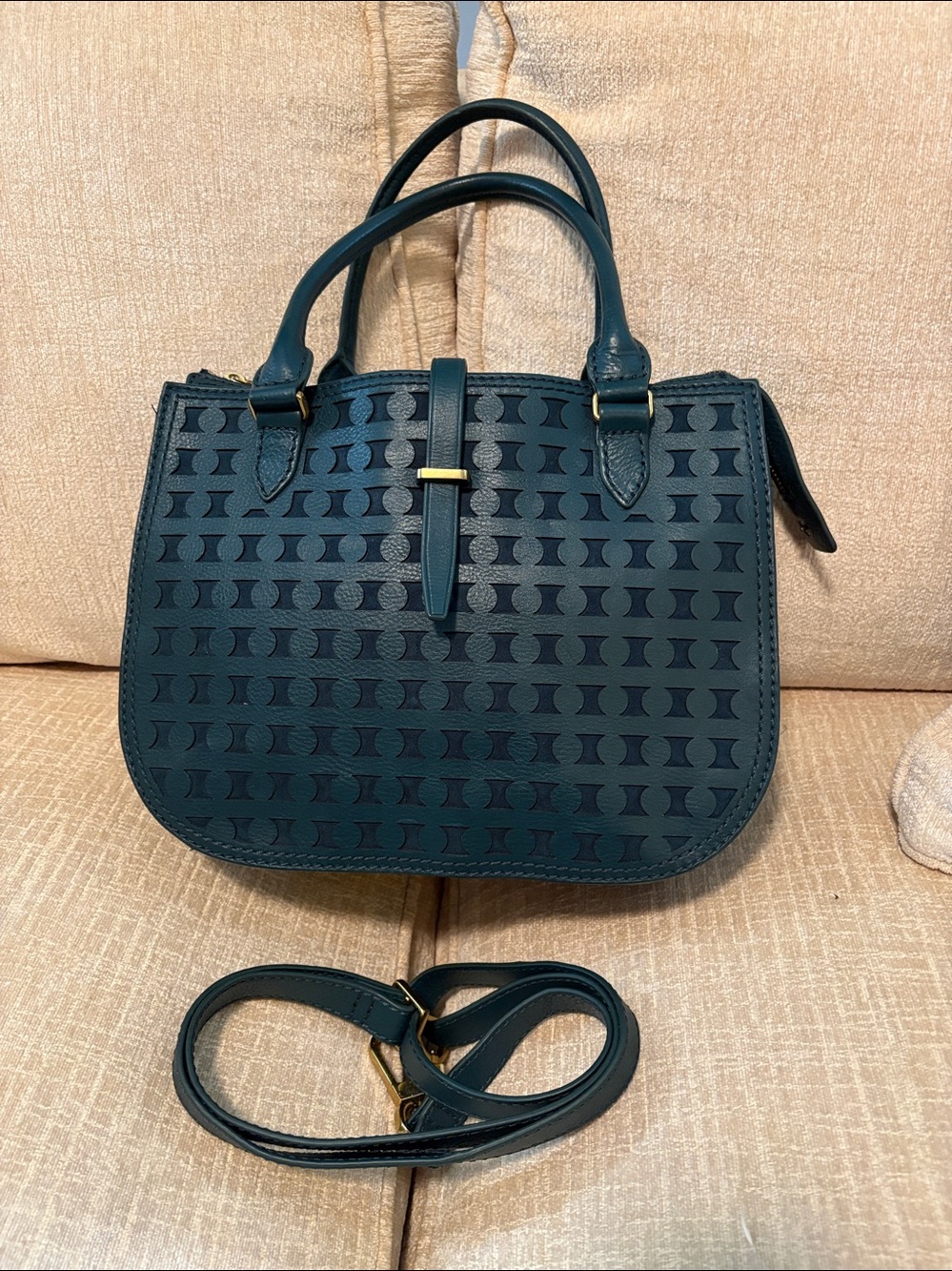 Fossil Teal Top-Handle Perforated Satchel with Removable Strap